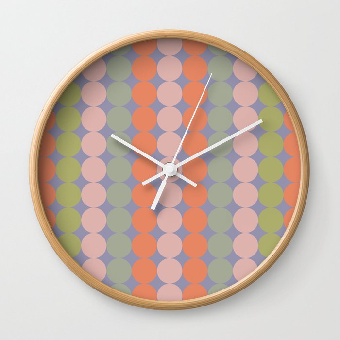 Dotty Stripes Pattern in Retro Lavender Blue, Celadon Green, Orange, and Blush Wall Clock