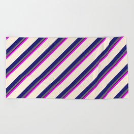 [ Thumbnail: Colorful Fuchsia, Beige, Midnight Blue, Dim Gray & Black Colored Lines/Stripes Pattern Beach Towel ]