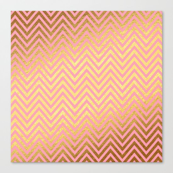 Chevron Herringbone pattern rosegold- gold metal glitter on pink watercolor Canvas Print