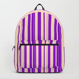 [ Thumbnail: Bisque and Dark Violet Colored Lined/Striped Pattern Backpack ]