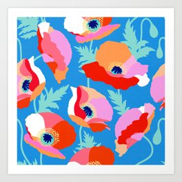 Happy Poppies 1. Red and pink on Azure BLUE Art Print