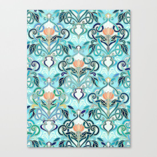 Ocean Aqua Art Nouveau Pattern with Peach Flowers Canvas Print
