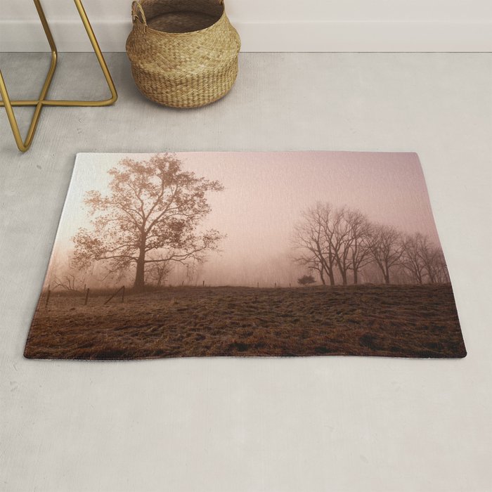 Morning Mist With Trees In A Field Rug By Bravuramedia