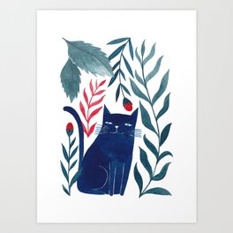 indigo blue cat with red and blue plants Art Print