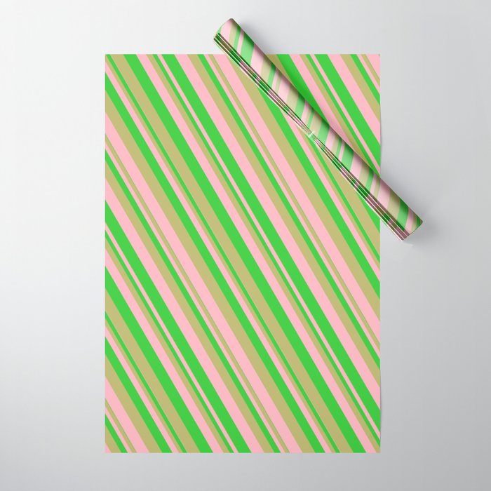 Dark Khaki, Light Pink & Lime Green Colored Lines/Stripes Pattern Wrapping Paper