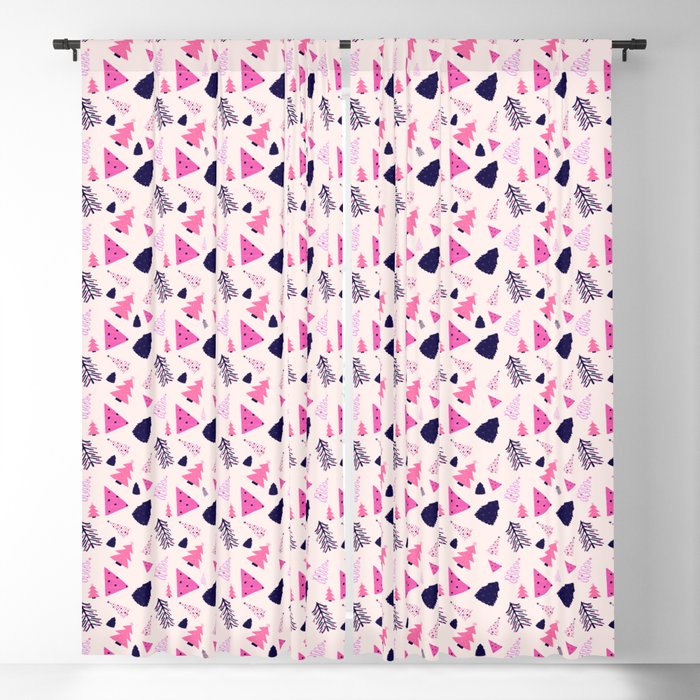 Pink and black retro Christmas trees Blackout Curtain