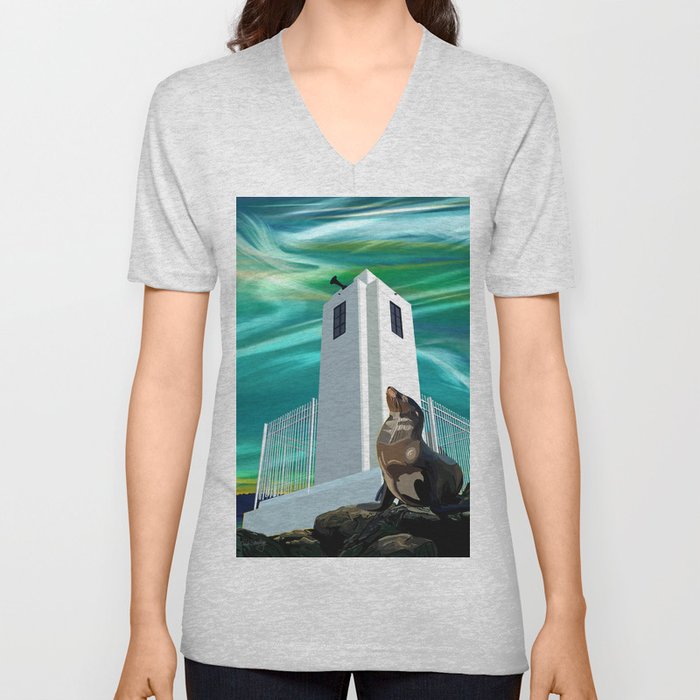 Lighthouse, Seal and Northern Lights V Neck T Shirt