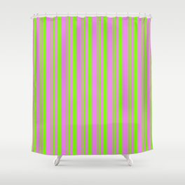 [ Thumbnail: Green & Violet Colored Lined Pattern Shower Curtain ]