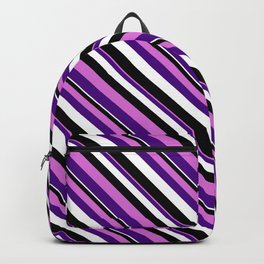 [ Thumbnail: Orchid, Indigo, White, and Black Colored Stripes/Lines Pattern Backpack ]
