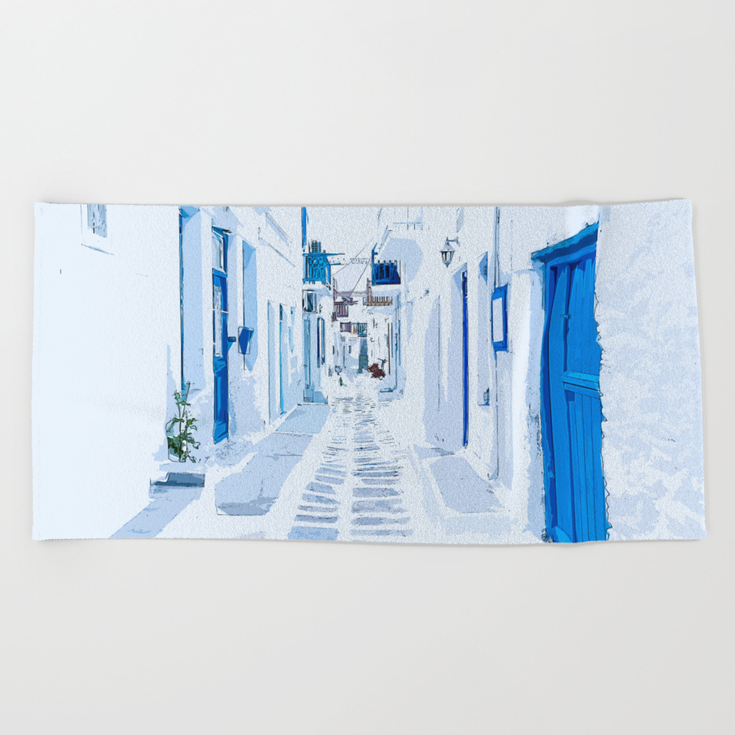 Mykonos Greece Watercolor Digital Painting Beach Towel By Swandee