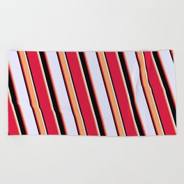[ Thumbnail: Lavender, Brown, Crimson, and Black Colored Striped Pattern Beach Towel ]