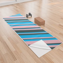 [ Thumbnail: Deep Sky Blue, Pink & Dark Slate Gray Colored Stripes Pattern Yoga Towel ]