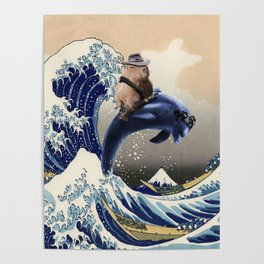 Cowboy Capybara Riding Dolphin Great Wave Poster