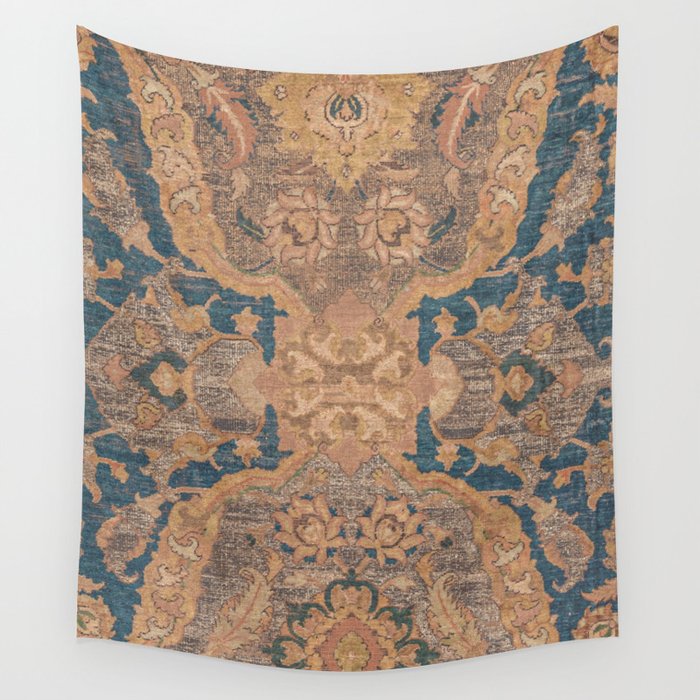 Persian Motif I // 17th Century Ornate Rose Gold Silver Royal Blue Yellow Flowery Accent Rug Pattern Wall Tapestry