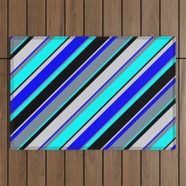[ Thumbnail: Blue, Light Slate Gray, Aqua, Black & Light Grey Colored Striped/Lined Pattern Outdoor Rug ]