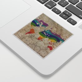 Rainbow color painted world map on dirty old grunge cement wall Sticker
