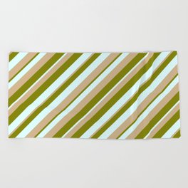 [ Thumbnail: Green, Light Cyan & Tan Colored Pattern of Stripes Beach Towel ]