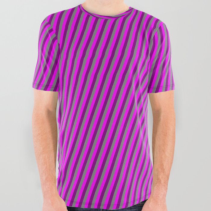 Fuchsia, Purple & Grey Colored Lines Pattern All Over Graphic Tee