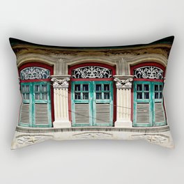 Traditional Singapore Peranakan or Straits Chinese shop house with arched windows and antique green shutters in downtown Singapore Rectangular Pillow