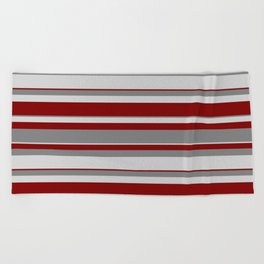[ Thumbnail: Grey, Light Grey & Maroon Colored Stripes Pattern Beach Towel ]