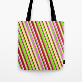 [ Thumbnail: Green, Beige, Orchid, and Red Colored Lined Pattern Tote Bag ]