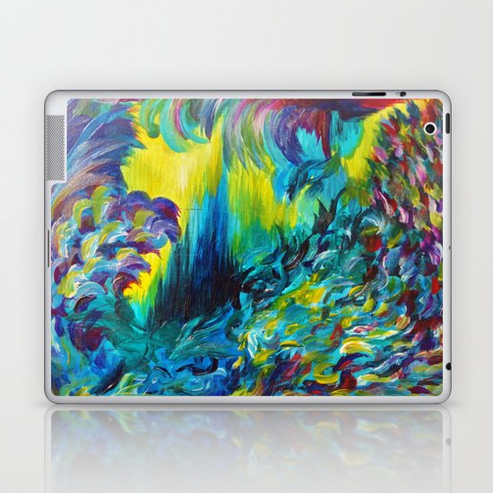 FLIGHT ON TAP - Whimsical Colorful Feathers Fountain Peacock Abstract Acrylic Painting Purple Teal Laptop & iPad Skin