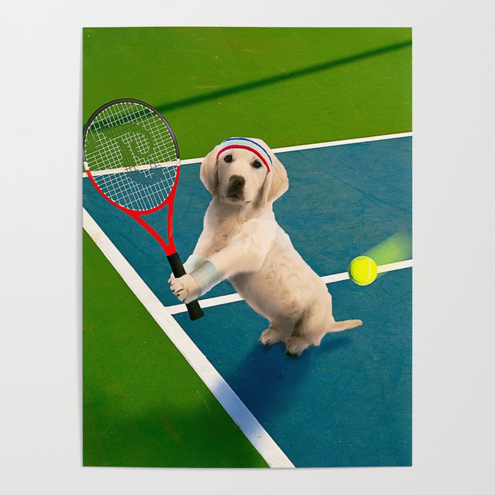 Golden Retriever Dog Playing Tennis Poster