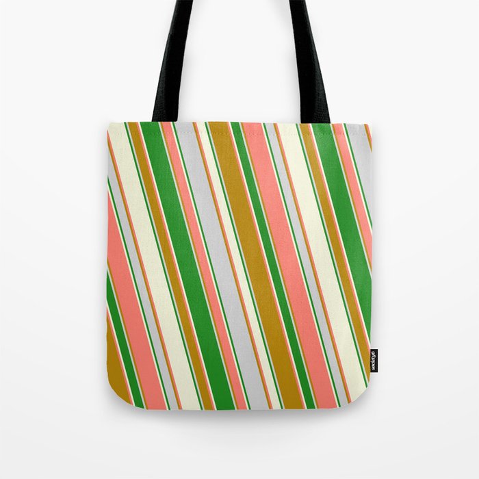 Salmon, Dark Goldenrod, Light Grey, Forest Green, and Beige Colored Striped/Lined Pattern Tote Bag