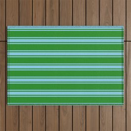 [ Thumbnail: Forest Green and Sky Blue Colored Lined/Striped Pattern Outdoor Rug ]