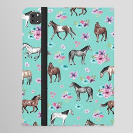 Hand Drawn Horses, Horse Art, Flower Horses, Floral Pattern, Aqua Blue iPad Folio Case