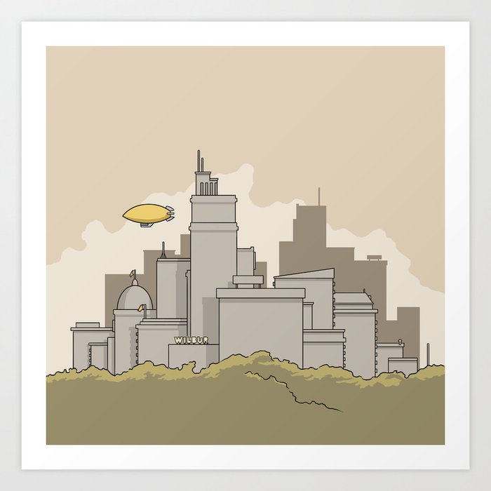 Wilbur's Big City Art Print | Drawing, Digital, City, Skyline, Illustration, Drawing, Wilbur, Zeppelin, Urban, Architecture