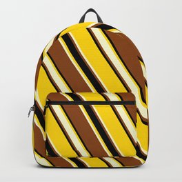 [ Thumbnail: Yellow, Light Yellow, Brown & Black Colored Stripes Pattern Backpack ]