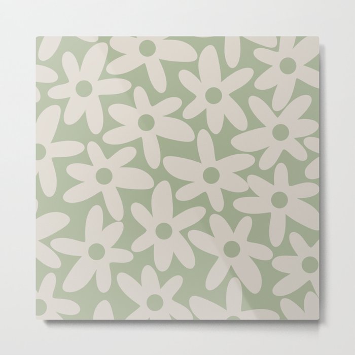 Daisy Time Retro Floral Pattern in Sage Green and Beige Metal Print