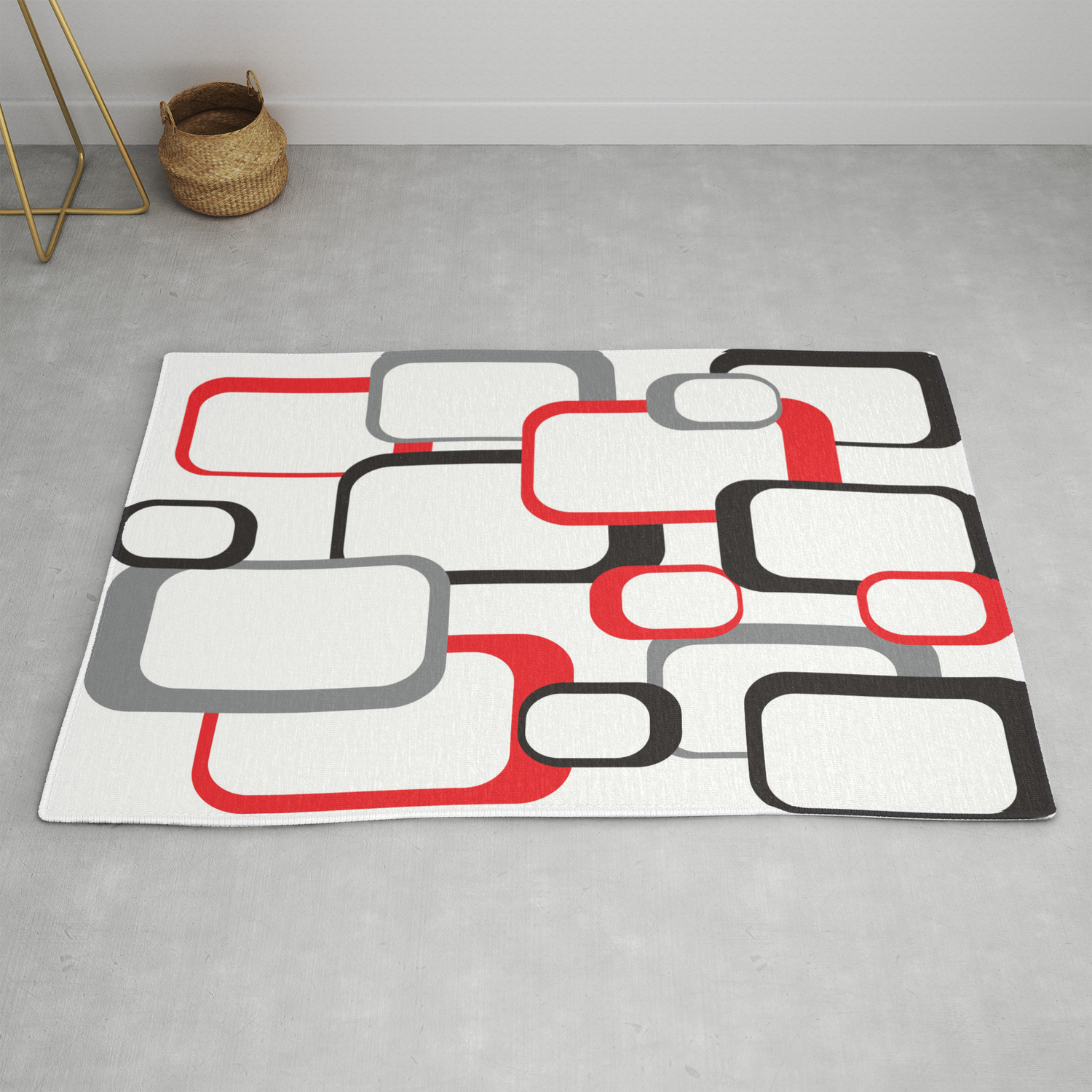Red Black Gray Retro Square Pattern, Red Black Gray White Rug
