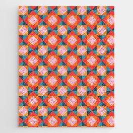 GEOMETRIC SQUARE CHECKERBOARD TILES in SOUTHWESTERN DESERT COLORS CORAL ORANGE PINK TEAL BLUE Jigsaw Puzzle