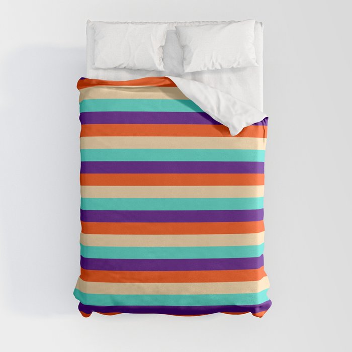 Turquoise, Indigo, Red, and Tan Colored Lines Pattern Duvet Cover