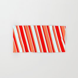 [ Thumbnail: Red, Light Cyan & Coral Colored Lines/Stripes Pattern Hand & Bath Towel ]