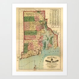Map of Rhode Island and Providence Plantations (1880) Art Print | Rhodeisland, Historic, 1880, Typography, History, Vintage, Oldmaps, Rhodeislandmaps, Coloredpencil, Drawing 