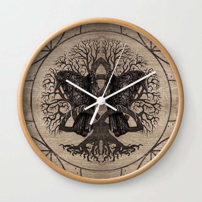 Tree of life - with ravens wooden texture Wall Clock