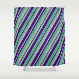 [ Thumbnail: Indigo, Sea Green & Dark Gray Colored Lined/Striped Pattern Shower Curtain ]