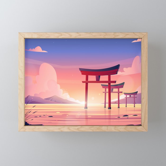 Traditional Japan Torii Gate Sunset Framed Mini Art Print