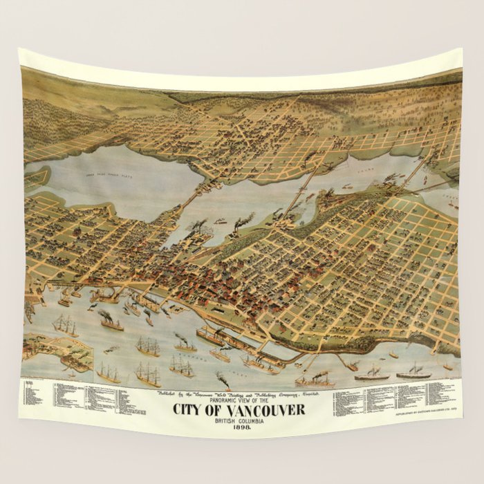 Vintage Pictorial Map of Vancouver BC (1898) Wall Tapestry by