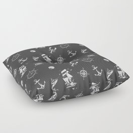 Dark Grey And White Silhouettes Of Vintage Nautical Pattern Floor Pillow
