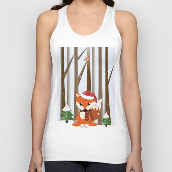 Cute Foxes with Santa hats in a snowy winter world Unisex Tank Top