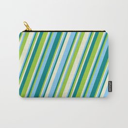 [ Thumbnail: Teal, Green, Beige & Light Sky Blue Colored Stripes/Lines Pattern Carry-All Pouch ]