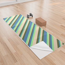 [ Thumbnail: Green, Blue, Dark Olive Green, and Bisque Colored Striped/Lined Pattern Yoga Towel ]