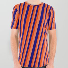 [ Thumbnail: Blue, Red & Coral Colored Lines/Stripes Pattern All Over Graphic Tee ]