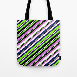[ Thumbnail: Midnight Blue, Green, Black, Orchid & White Colored Stripes Pattern Tote Bag ]
