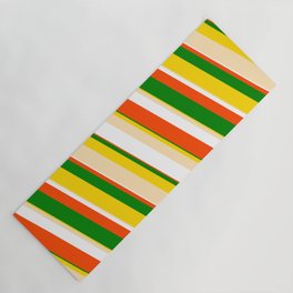 [ Thumbnail: Eye-catching Yellow, Beige, White, Red & Green Colored Pattern of Stripes Yoga Mat ]