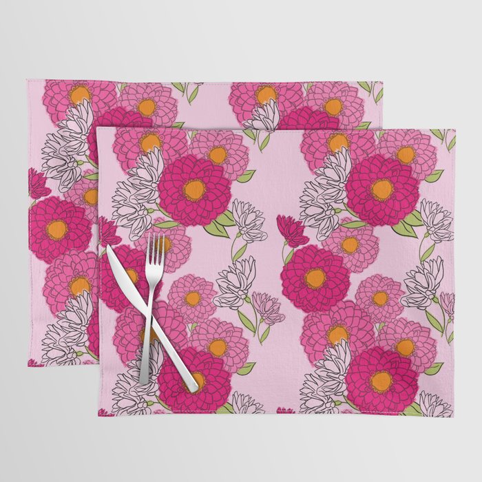 Retro Modern Mums Floral Mid-Century Wallpaper Pastel Pink Placemat